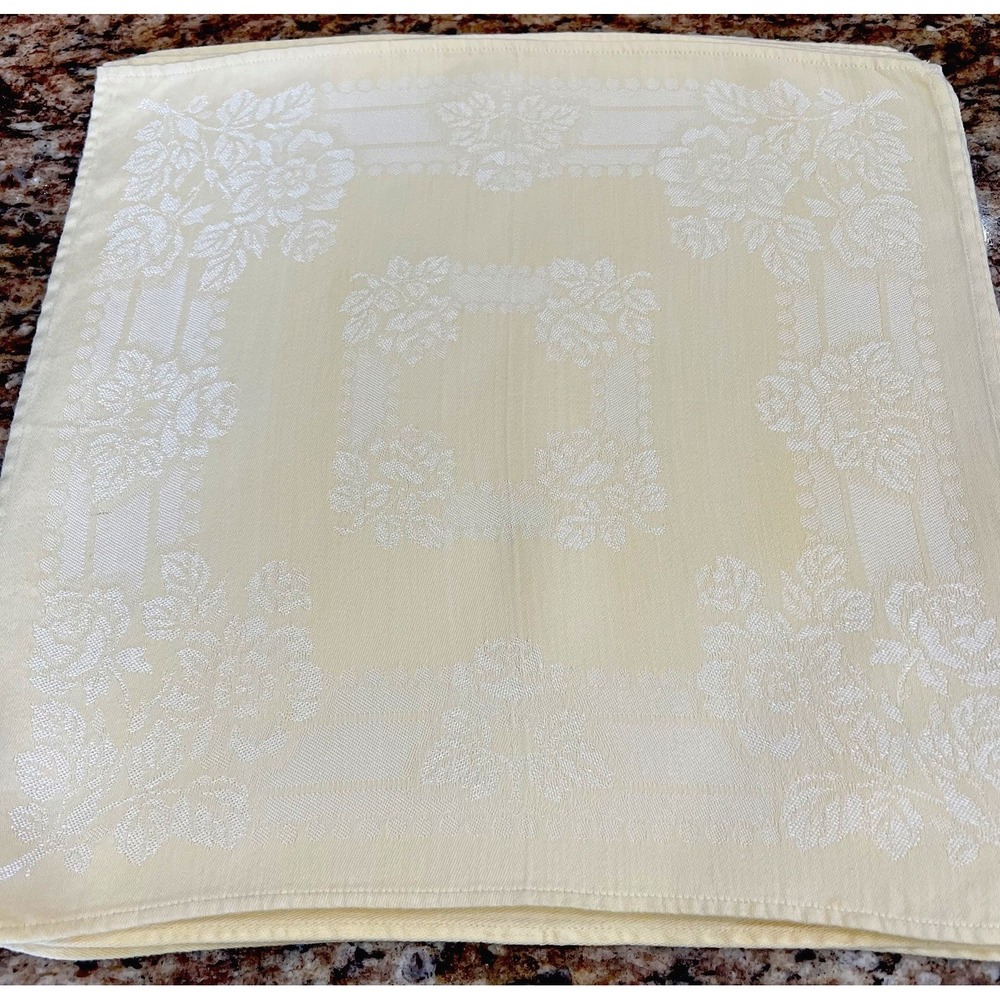 Vintage Cloth Napkins Yellow Floral Damask Set of 8 Square 15 in Cotton Jacquard
